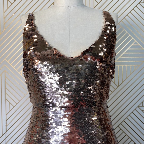 Saloni Aidan Sequin Ruffle Hem Midi Dress Bronze - Picture 3 of 12